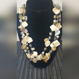 Signed JJ MOP and Abalone Shell Necklace 3 Layers